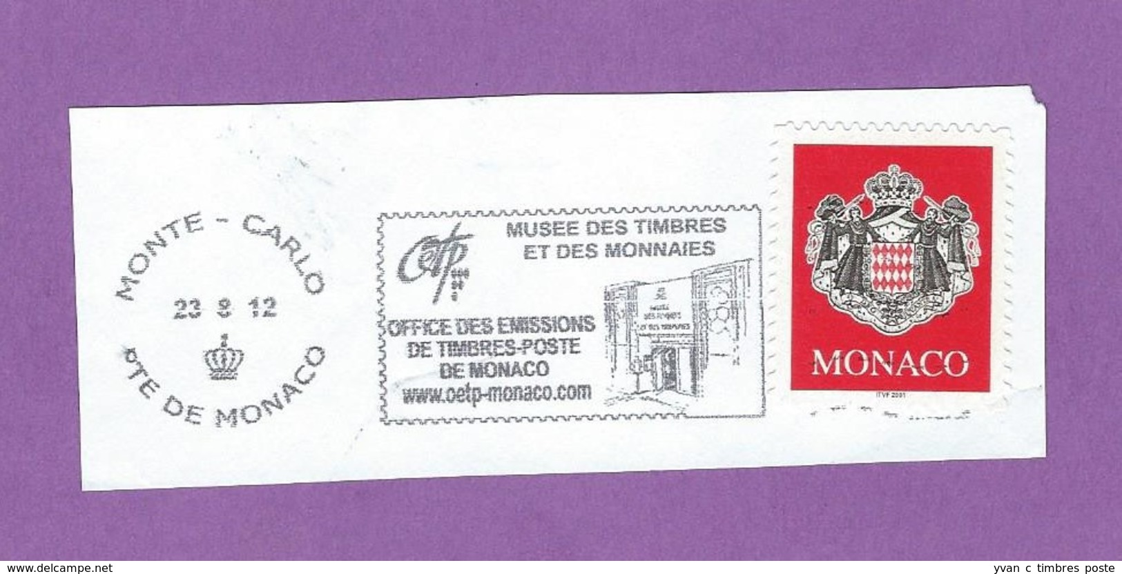 MONACO TIMBRE OBLITERE SUR FRAGMENT FLAMME MUSEE DES TIMBRES ET DES MONNAIES - Maschinenstempel (EMA)