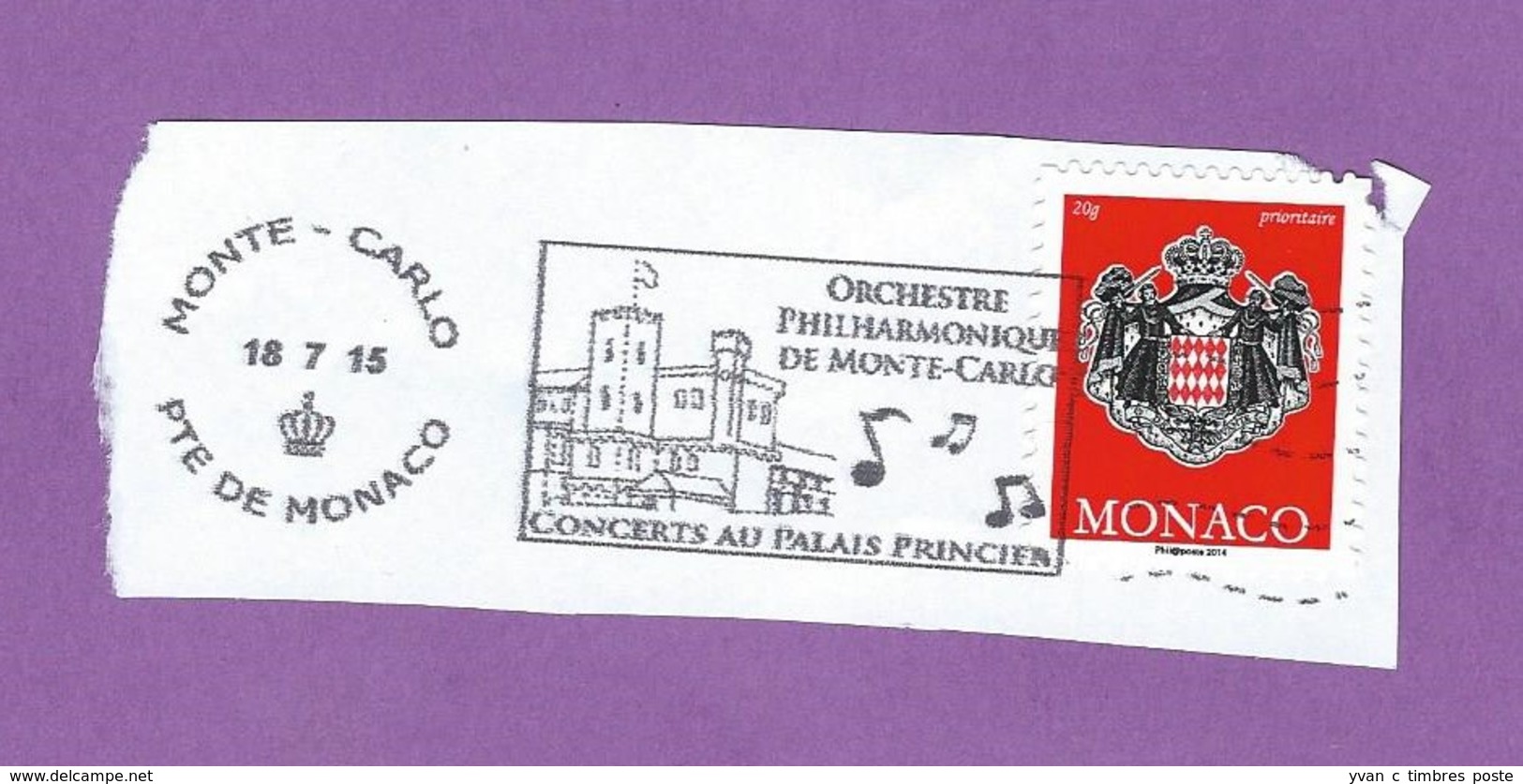 MONACO TIMBRE OBLITERE SUR FRAGMENT FLAMME ORCHESTRE PHILHARMONIQUE DE MONTE CARLO - Frankeermachines (EMA)