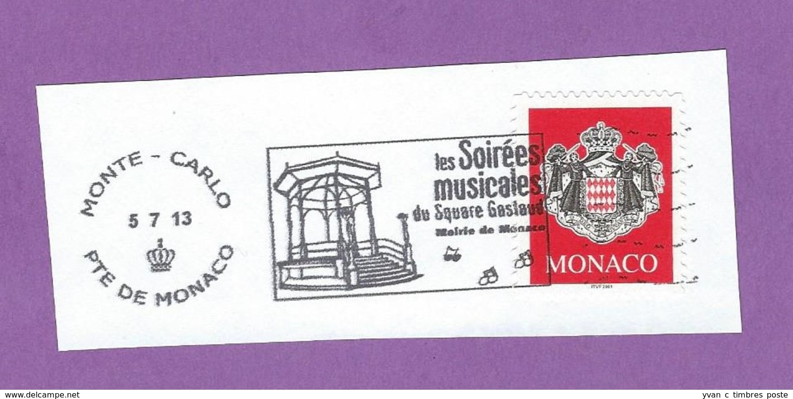 MONACO TIMBRE OBLITERE SUR FRAGMENT FLAMME SOIREES MUSICALES DU SQUARE GASTAUD - Franking Machines (EMA)