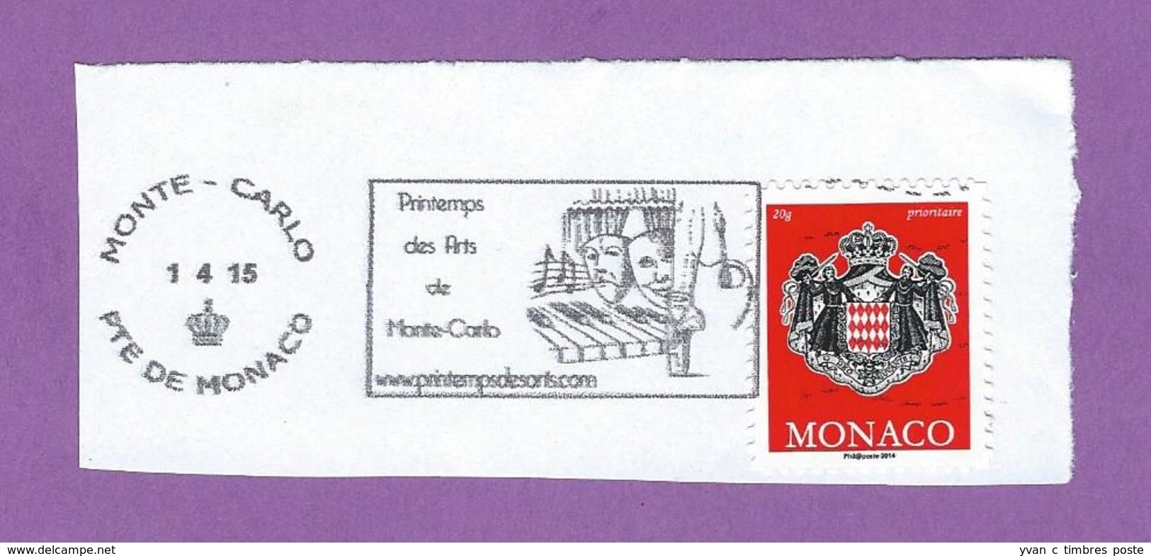 MONACO TIMBRE OBLITERE SUR FRAGMENT FLAMME PRINTEMPS DES ARTS DE MONTE CARLO - Maschinenstempel (EMA)