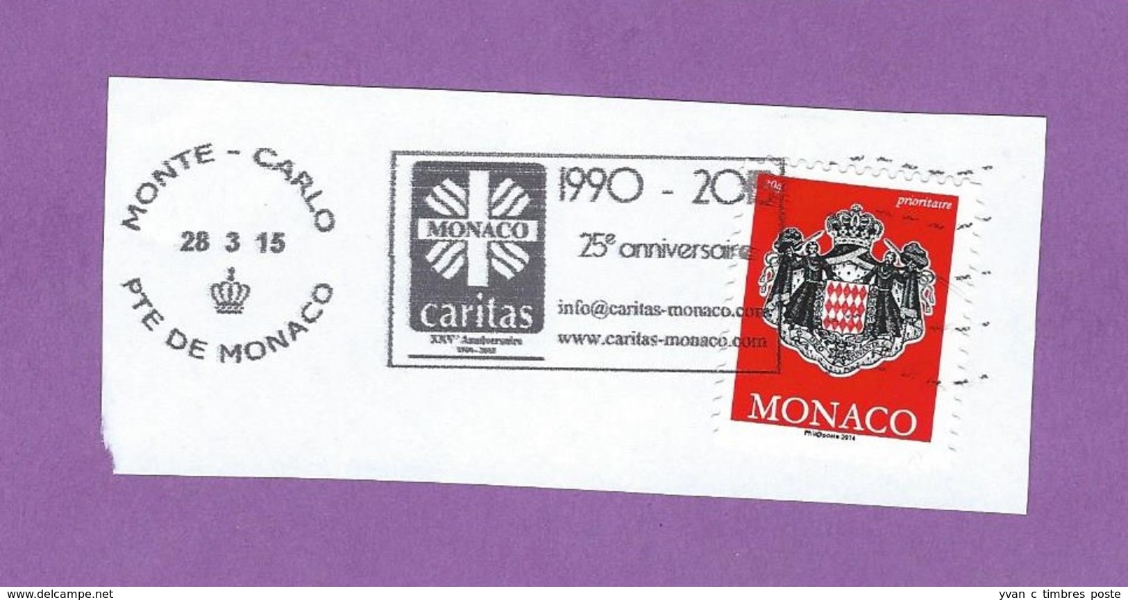 MONACO TIMBRE OBLITERE SUR FRAGMENT FLAMME 25EME ANNIVERSAIRE ASSOCIATION CARITAS - Franking Machines (EMA)