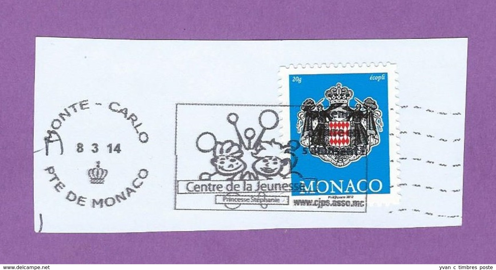 MONACO TIMBRE OBLITERE SUR FRAGMENT FLAMME CENTRE DE LA JEUNESSE PRINCESSE STEPHANIE - Franking Machines (EMA)