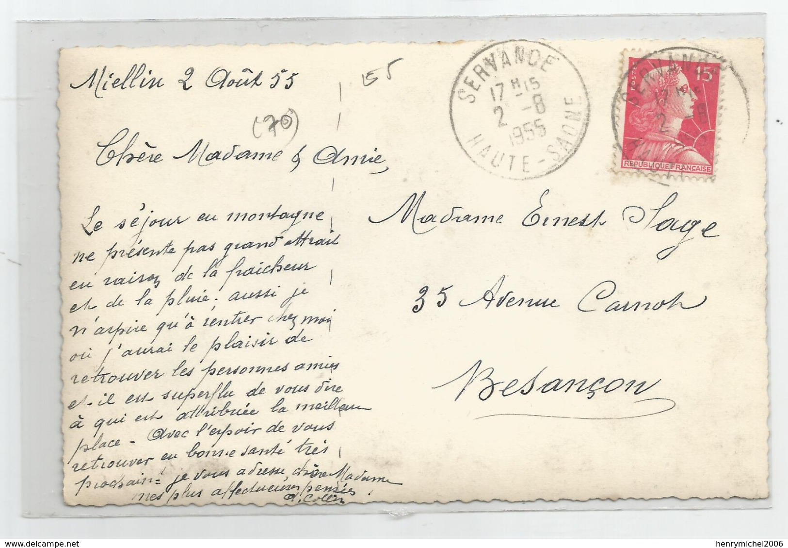 70 Haute Saone - Miellin 1955 Carte Photo Cachet Servande - Autres & Non Classés