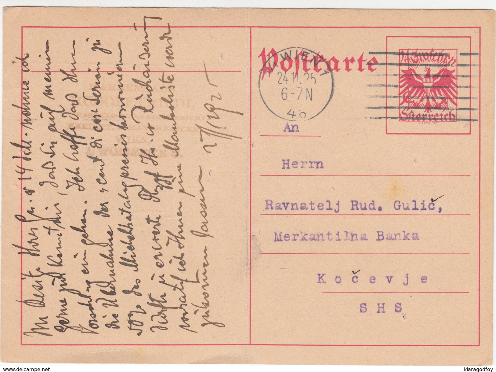 Postal Stationery Postcard Postkarte Travelled 1925 Wien To Kocevje B170328 - Sonstige & Ohne Zuordnung