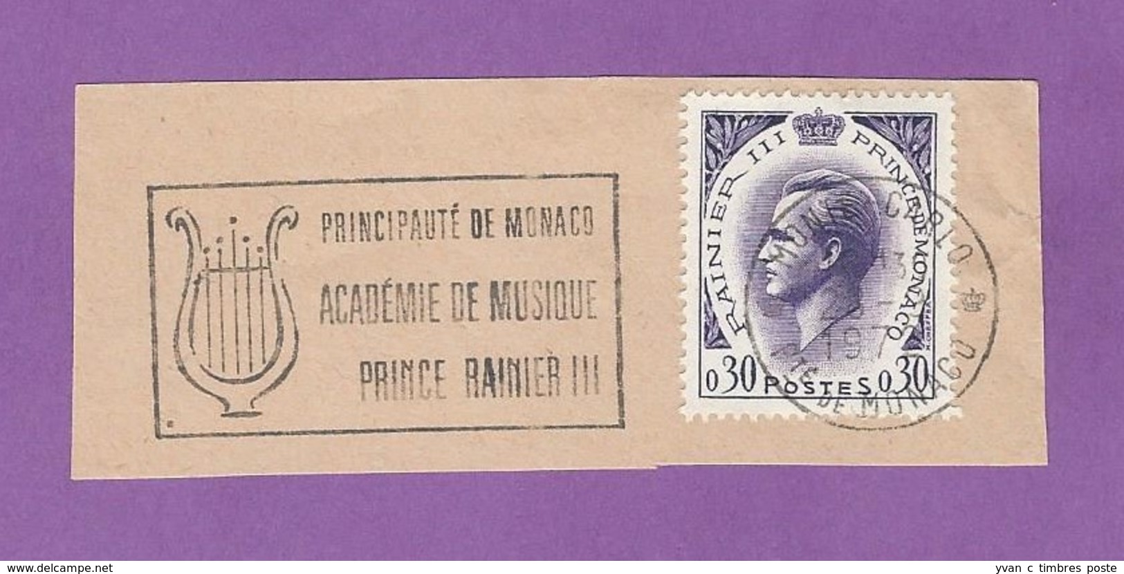 MONACO TIMBRE OBLITERE SUR FRAGMENT FLAMME ACADEMIE DE MUSIQUE RAINIER III - Franking Machines (EMA)