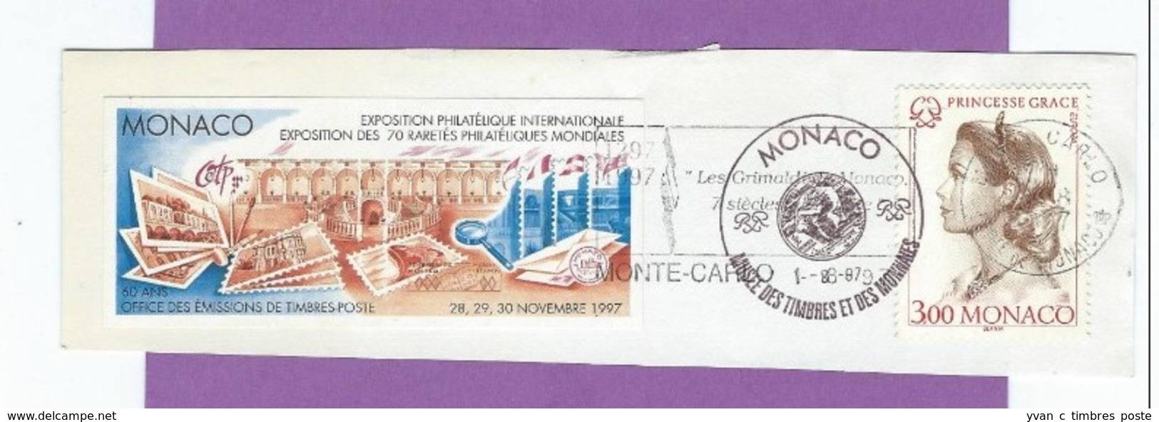 MONACO TIMBRE OBLITERE SUR FRAGMENT FLAMME LES GRIMALDI 7 SIECLES - Franking Machines (EMA)