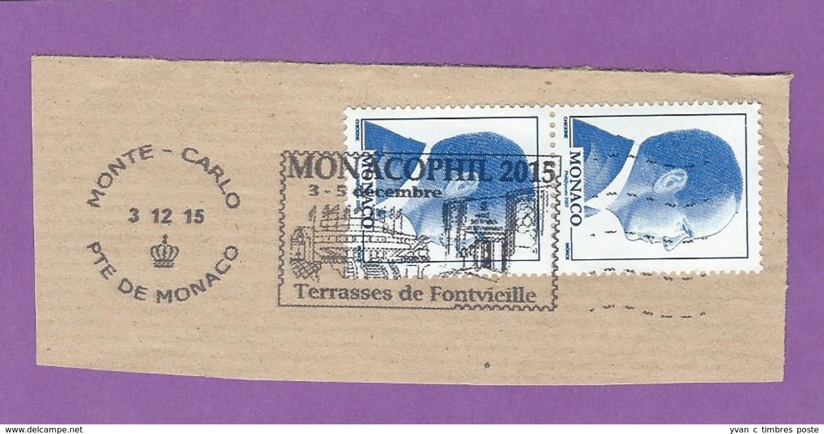 MONACO TIMBRE OBLITERE SUR FRAGMENT FLAMME MONACOPHIL 2015 - Franking Machines (EMA)