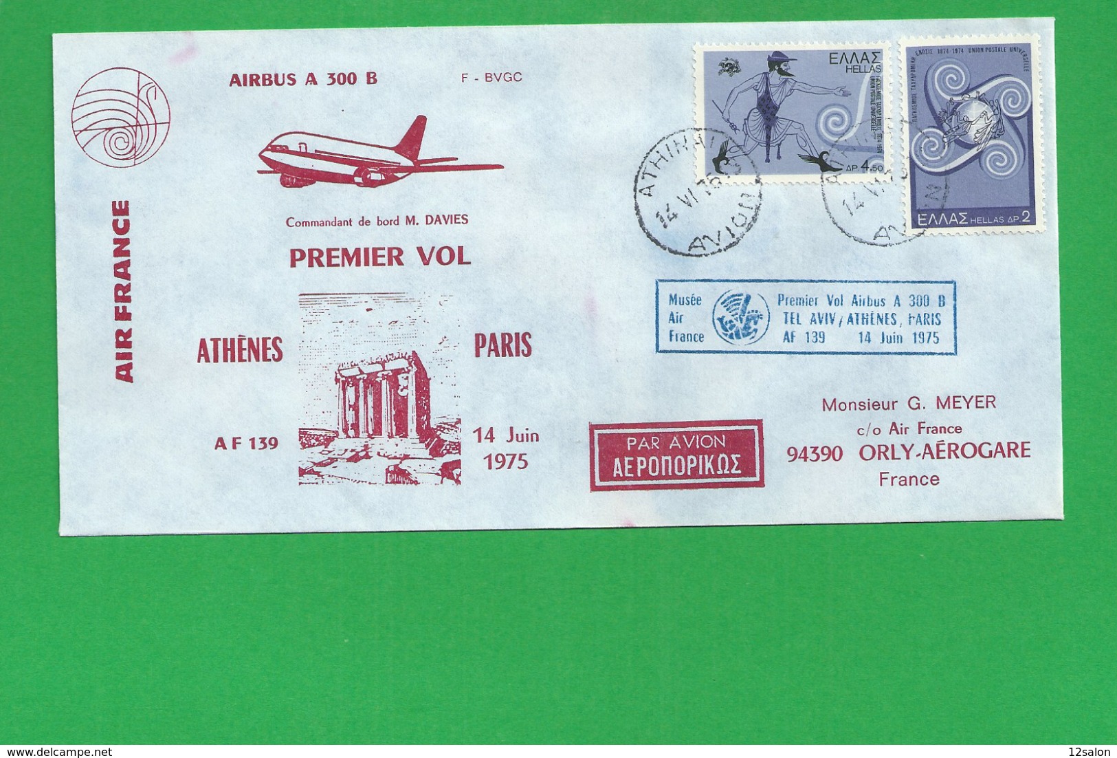 PREMIERE LIAISON AIRBUS A 300 B ARHENES PARIS - 1960-.... Cartas & Documentos