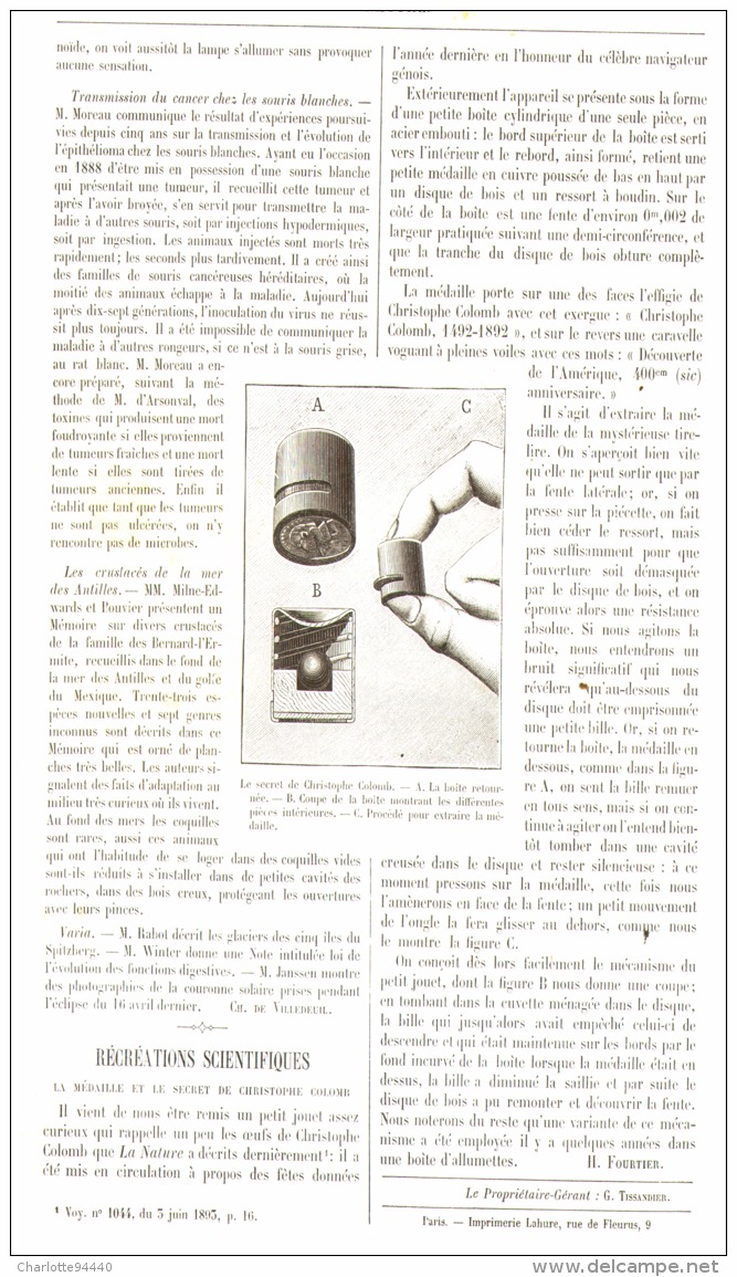 RECEATIONS SCIENTIFIQUES (LA MEDAILLE Et Le SECRET DE CHRISTOPHE COLOMB ) 1893 - Autres & Non Classés