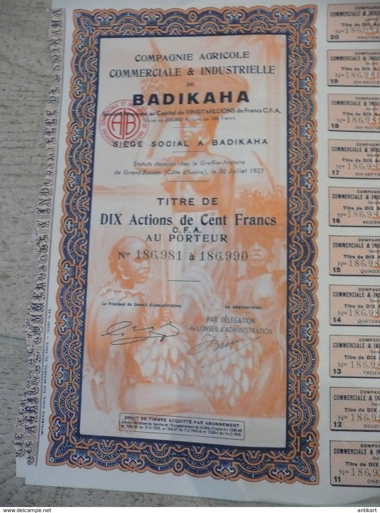 Compagnie Agricole Commerciale Et Industrielle De Badikaha - 10x100 F 1927 Grand Bassam - Afrique