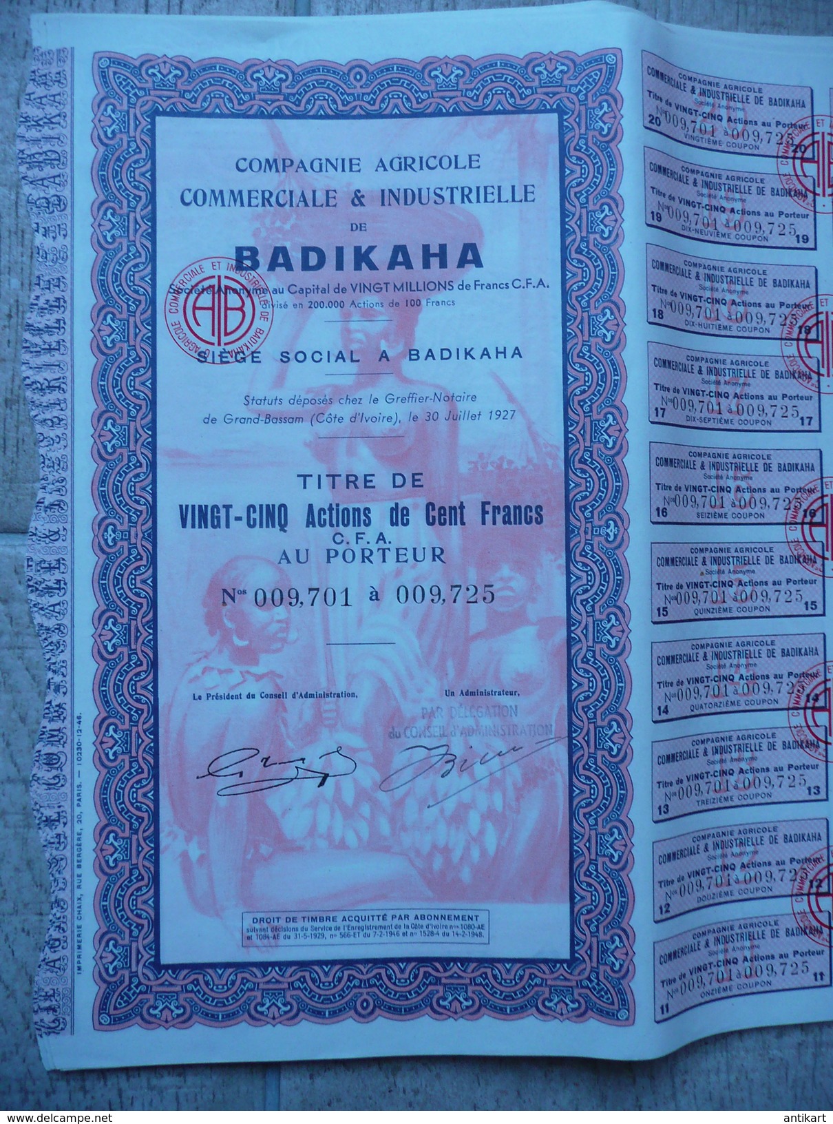 Compagnie Agricole Commerciale Et Industrielle De Badikaha - 25x100 F 1927 Grand Bassam - Afrique