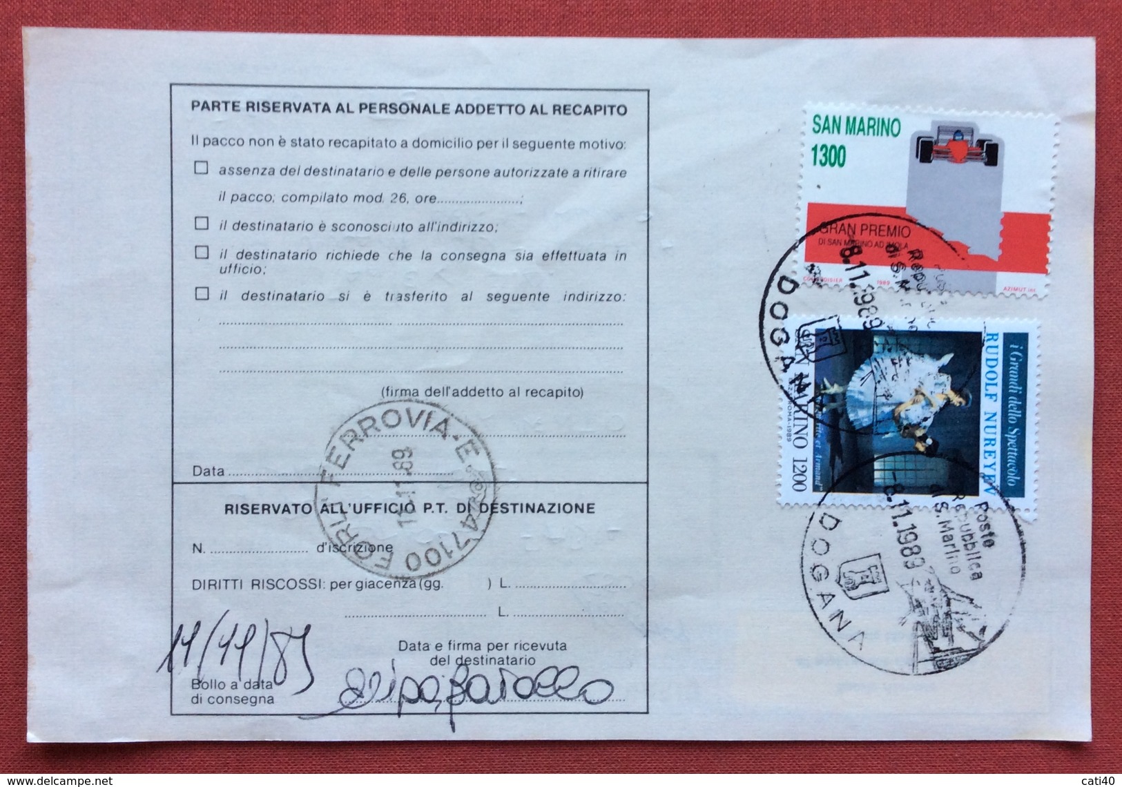 SAN MARINO BOLLETTINO PACCO ORDINARIO  CON AFFRANCATURA MULTIPLA ANNULLO S.MARINO DOGANA 8/11/89 - Abarten Und Kuriositäten