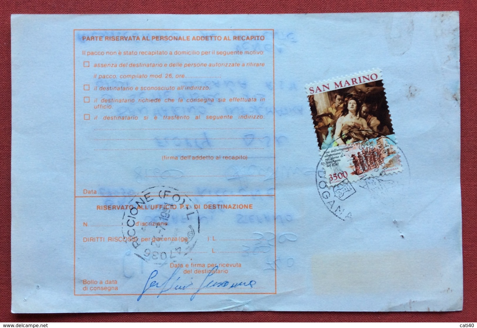 SAN MARINO BOLLETTINO PACCO ORDINARIO CON ASSEGNO  CON L.3500 ISOLATO  ANNULLO S.MARINO DOGANA   22/7/91 - Variedades Y Curiosidades