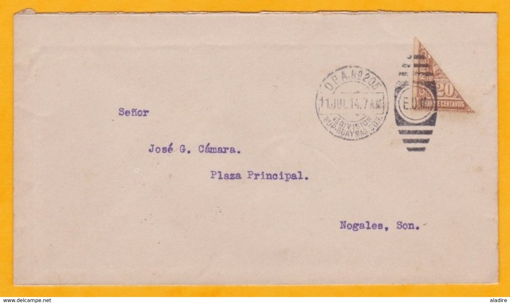 1914 - Enveloppe De Mexico Vers Nogales (Sonora) -  20 C Non Dentelé Coupé En 2 ! Bisect - Cad Au Verso - Mexico