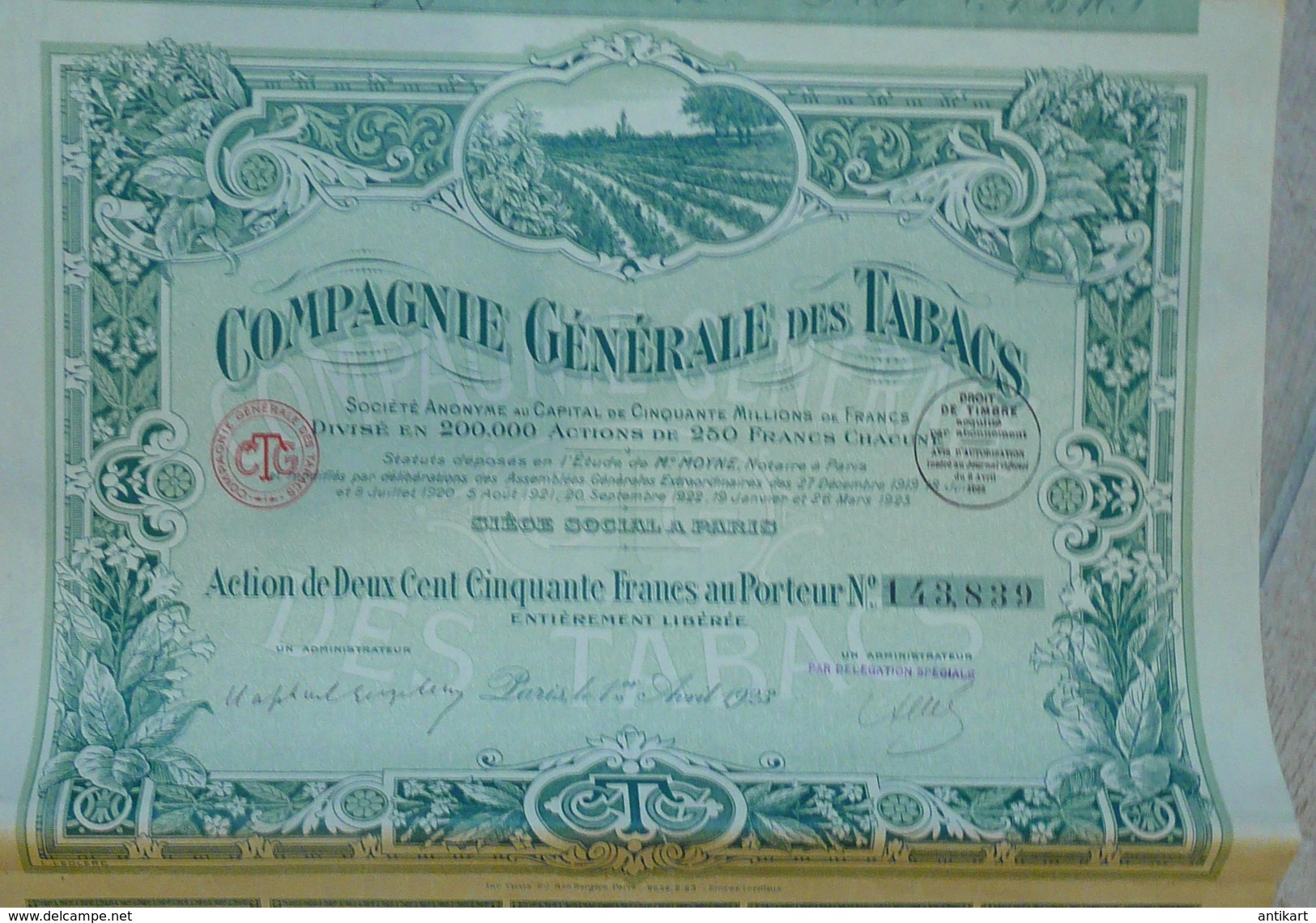 Cie Générale Des Tabacs- Action 250 F 1923 - Agriculture