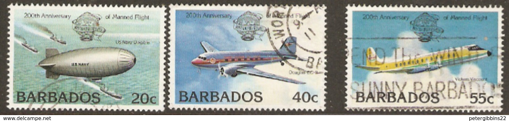 Barbados 1983 SG 726,7,8 Anniversary Manned Flight Fine Used - Barbades (1966-...)