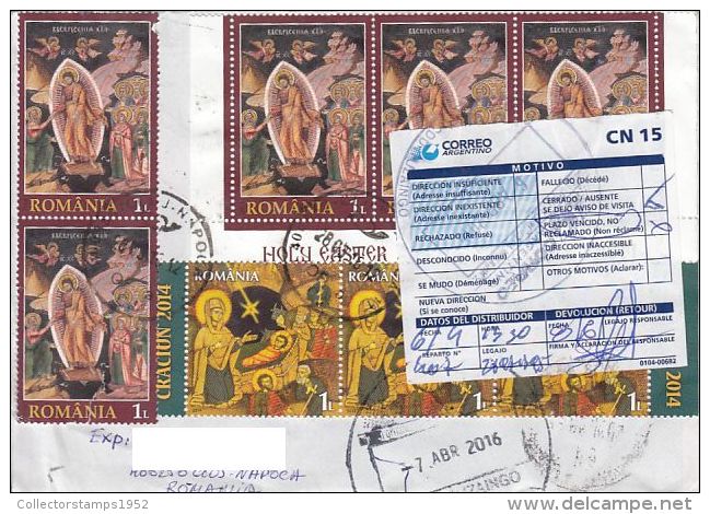 58124- JESUS' BIRTH, JESUS' RESURRECTION, STAMPS ON REGISTERED COVER, 2016, ROMANIA - Storia Postale