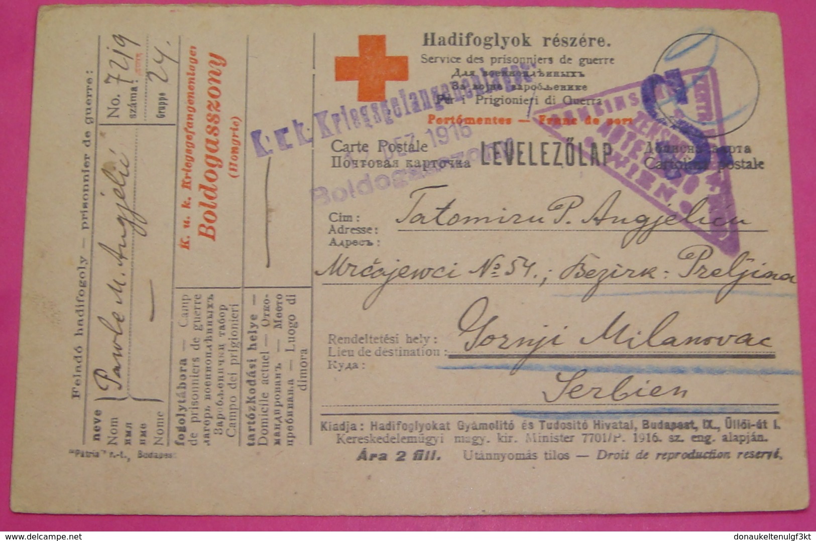 12.12.1916 I W.W., CORESPONDANCE DES PRISONNIERS DE GUERRE, RED CROSS CARTE POSTALE, ZENSUR WIEN AND K.U.K.BOLDOGASZONY - Covers & Documents