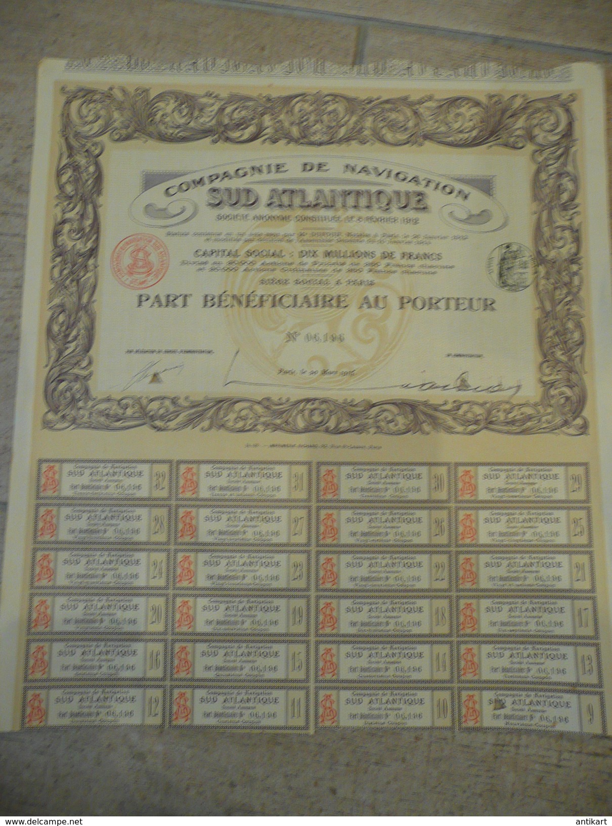 Compagnie De Navigation SUD ATLANTIQUE 1914 Part Au Porteur Avec Coupons Annulée - Navy