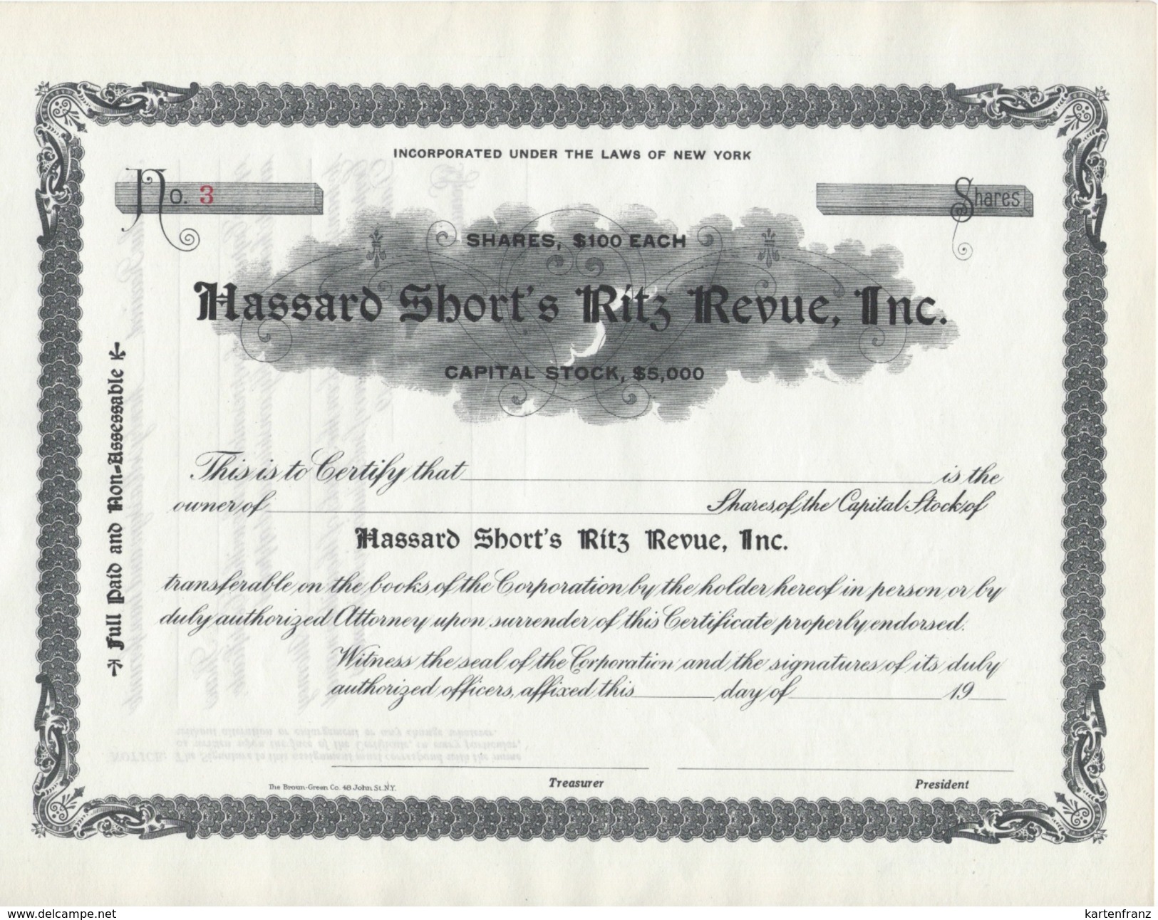 HWP Aktie Share Shares Hassard Short's Ritz Revue Inc. New York Um 1900 No. 3 - Blanco 100 $ - USA / America - Film En Theater