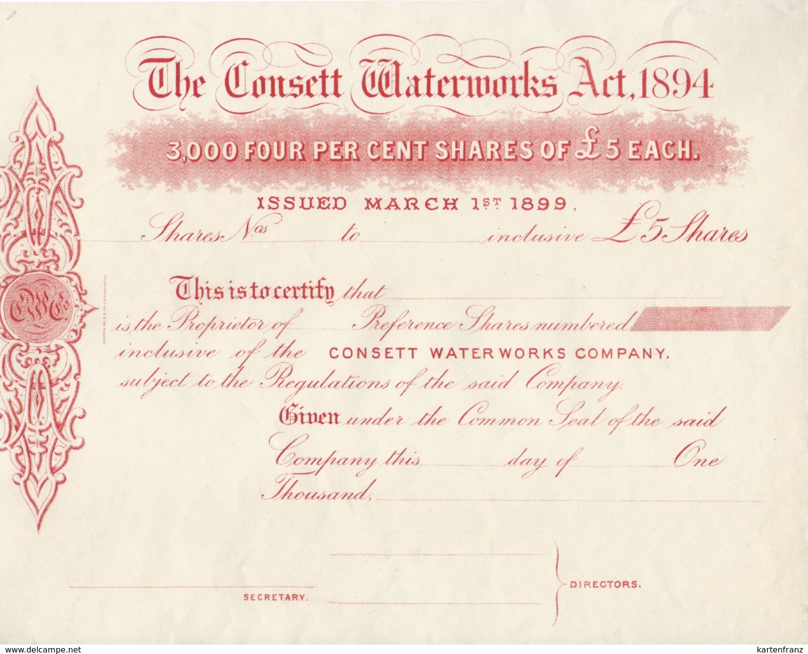 HWP Aktie Share Shares England The Consett Waterworks Act 1894 - Issued 1899 - Blanco 5 Pfund - Großbritannien - Wasser