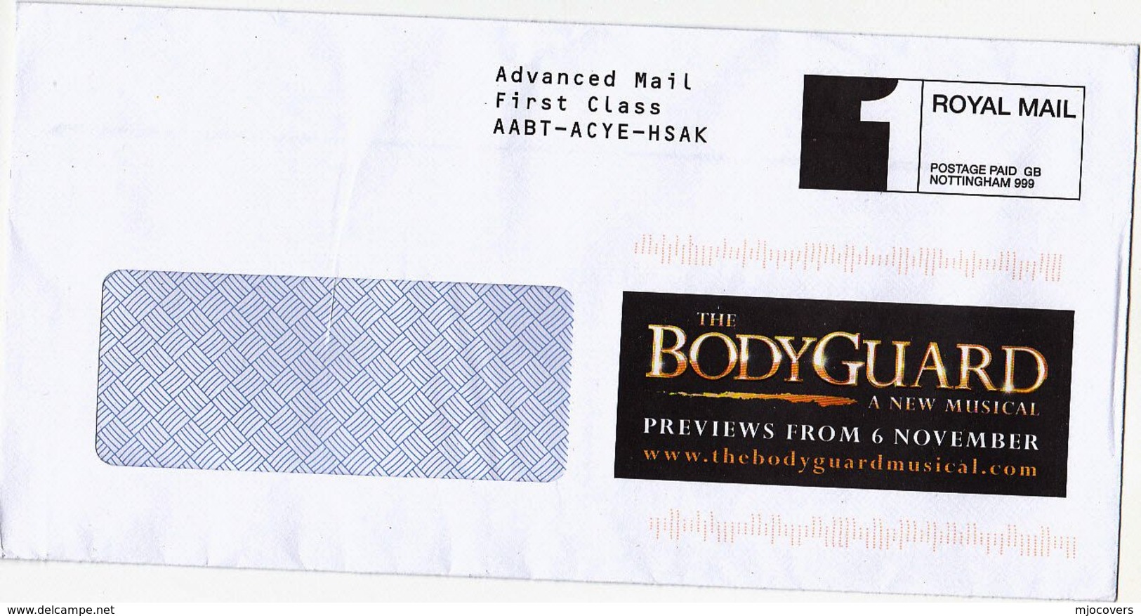 2014 GB The BODYGUARD MUSICAL Illus ADVERT COVER  'POSTAGE PAID ADVANCE MAIL Royal Mail 1 NOTTINGHAM GB 999' Ppi Stamps - Covers & Documents