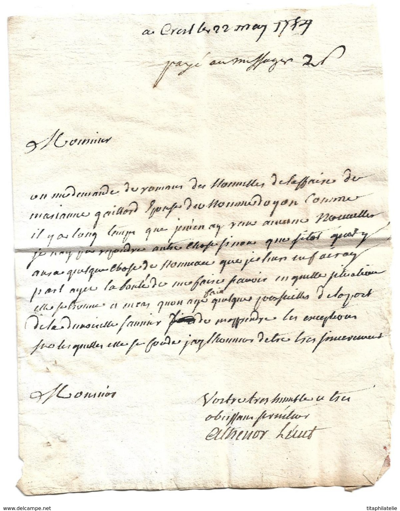 Lettre 1754 Crest Transportée Par Messager à Die Texte Encre Différente Fraude Postale Mention Payé Au Messager 2 Sols - 1701-1800: Precursors XVIII