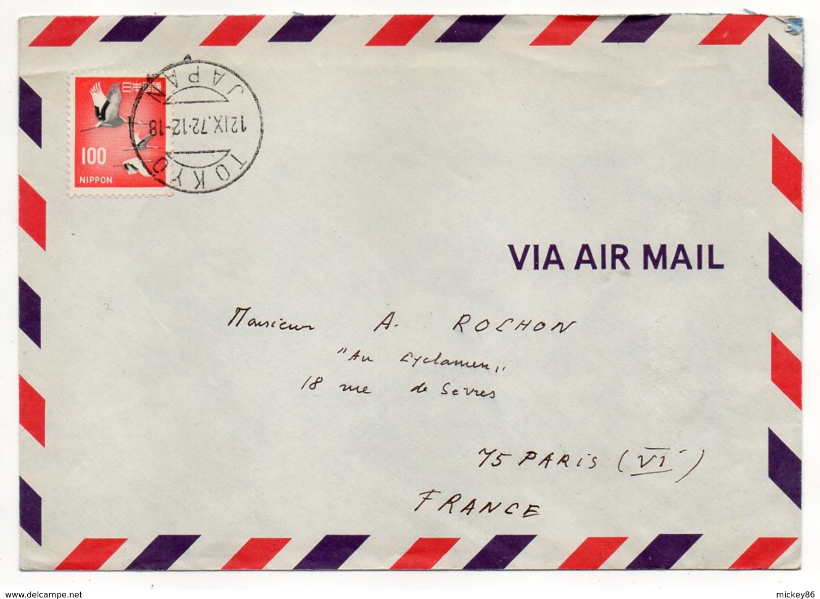 Japon--1972--lettre De TOKYO  Pour Paris (France) --- Timbre Seul Sur Lettre--cachet - Brieven En Documenten
