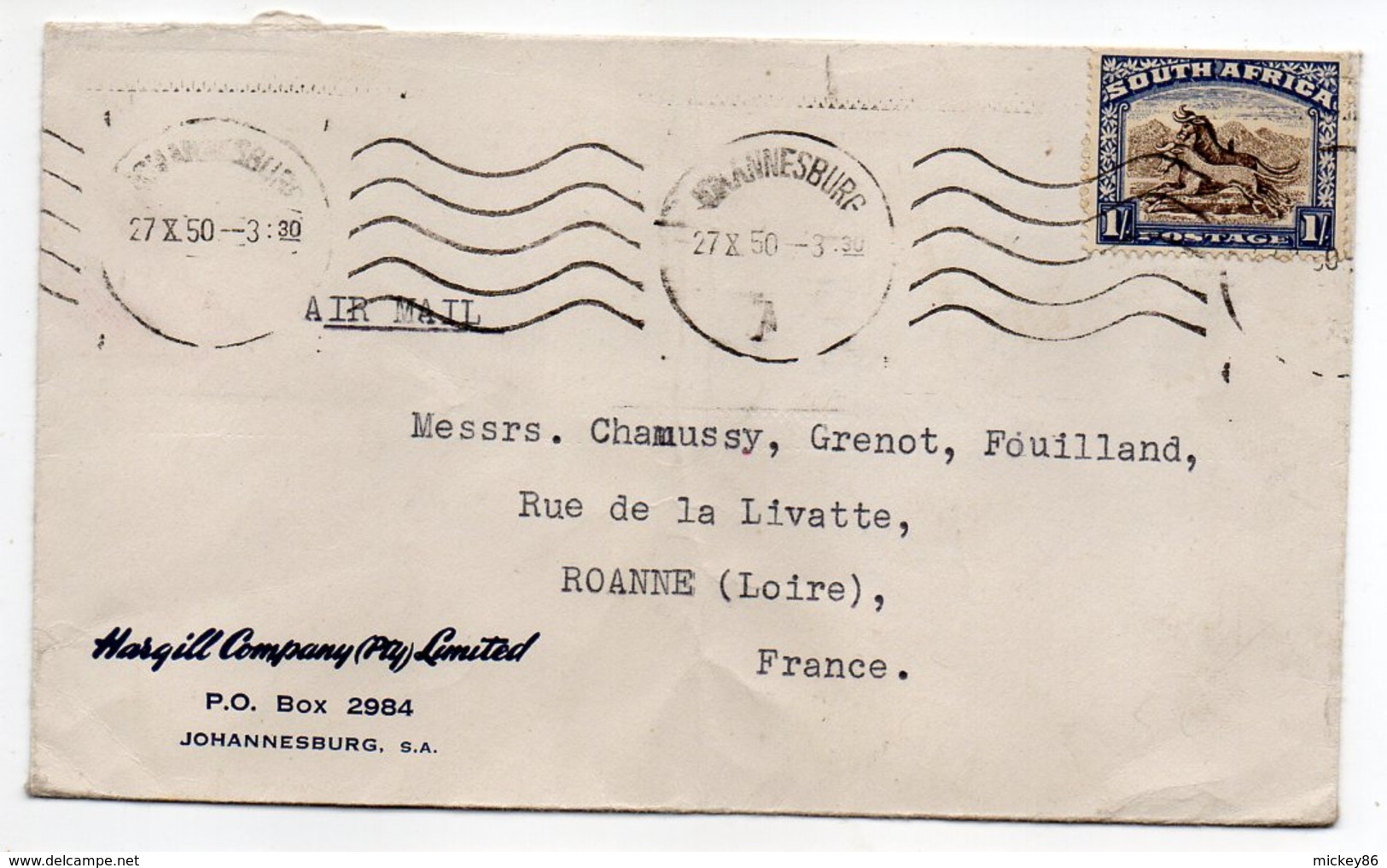 Afrique Du Sud--1950--lettre De Johannesbourg Pour Roanne (France)--timbre Seul Sur Lettre--oblitération A - Lettres & Documents