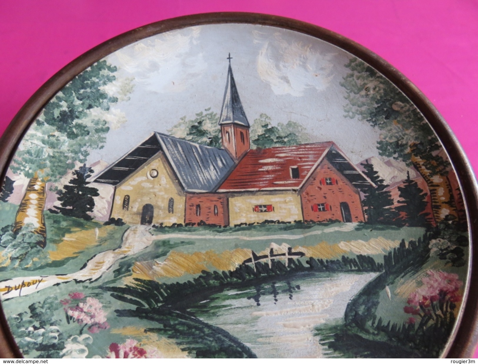 196 - Assiette En Bois Peint - Décor D'une église à La Montagne - Signée Dupouy - Popular Art