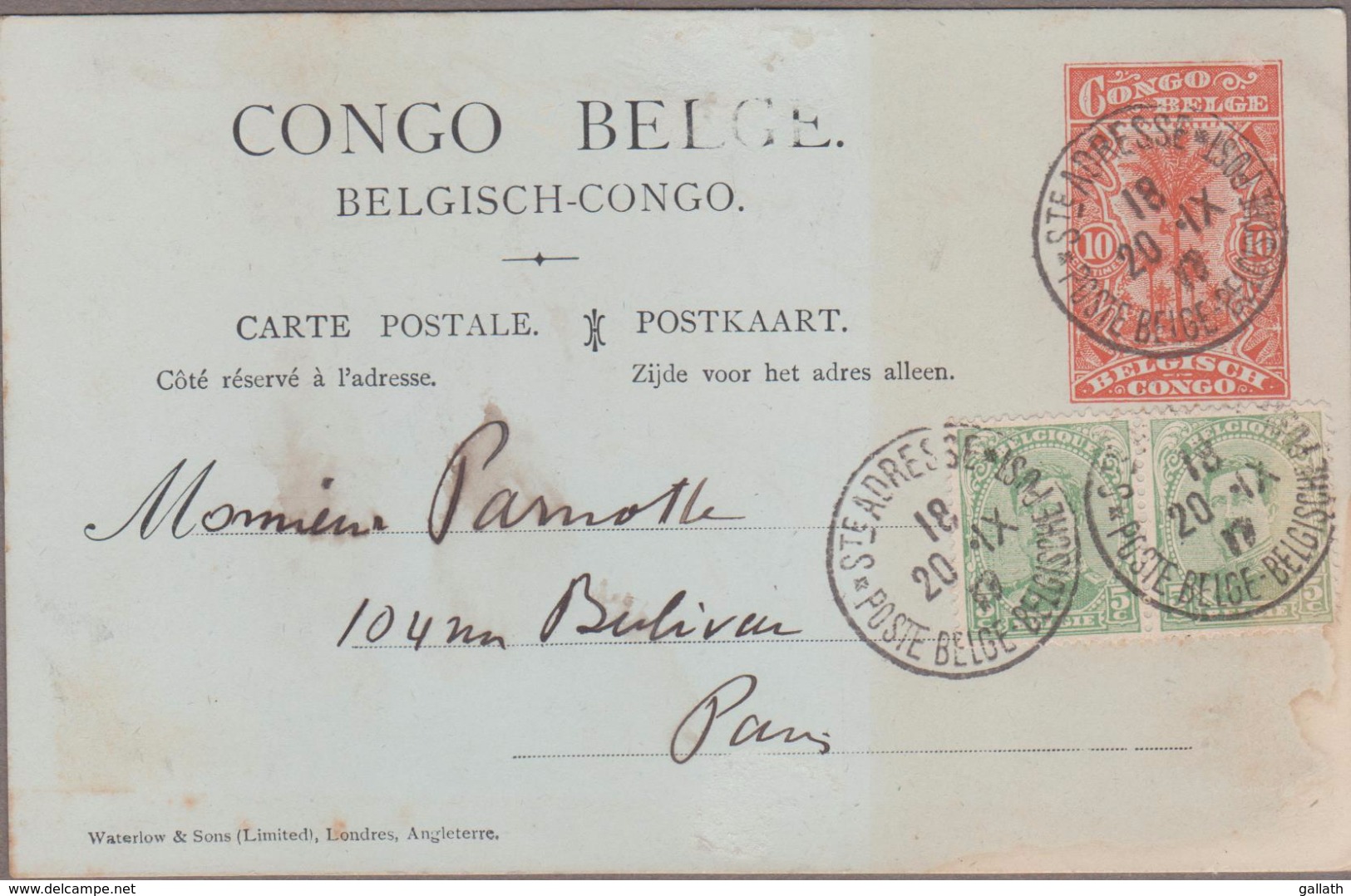 STE ADRESSE*POSTE BELGE* 1917 / Entier CONGO BELGE Type Palmiers 10c Rouge/orange + TP Belge N°137x2 Pour Paris - Autres & Non Classés