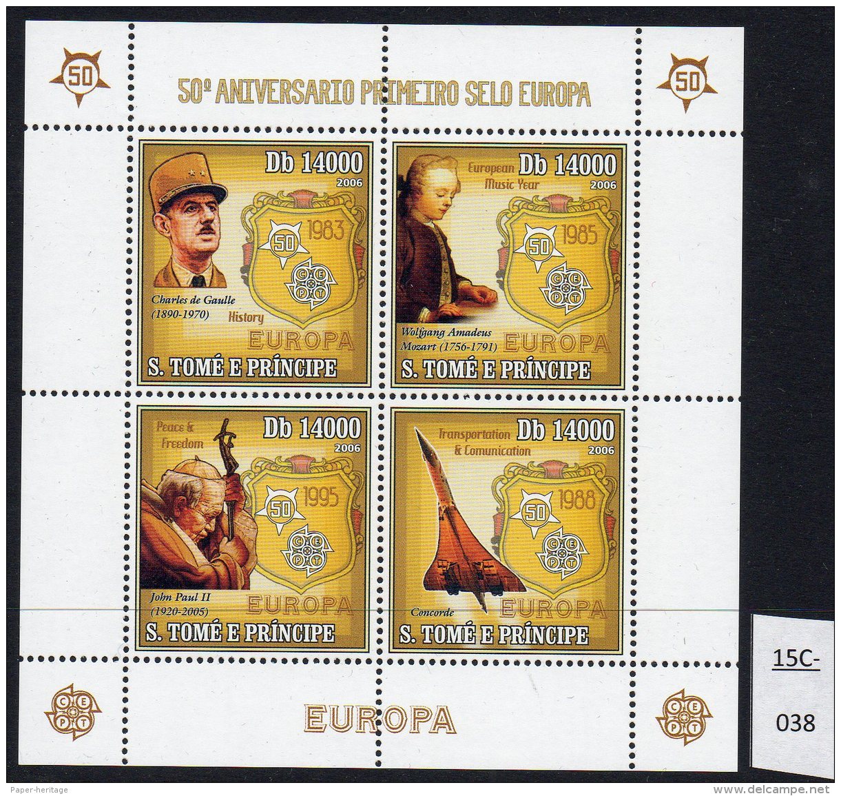 Sao Tome St. Thomas &amp; Prince 2006 Europa, De Gaulle, Mozart, Pope Jean Paul II, Concorde Perf Sheetlet/4 MNH - Concorde