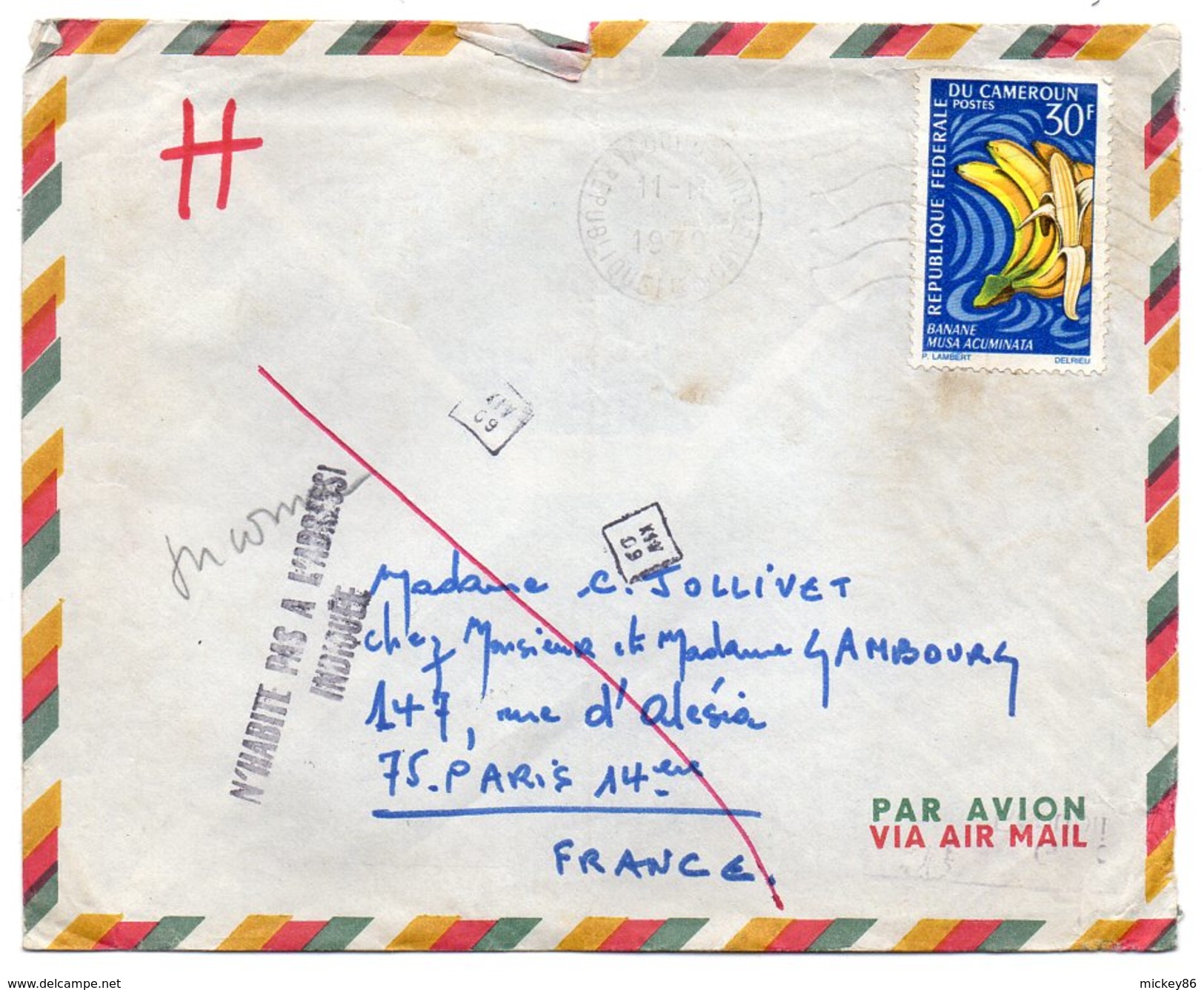 Cameroun  -1970 -Lettre De Yaoundé Pour Paris- Timbre Seul Sur Lettre-cachet-griffe Et Petits Cachets Carrés - Camerún (1960-...)