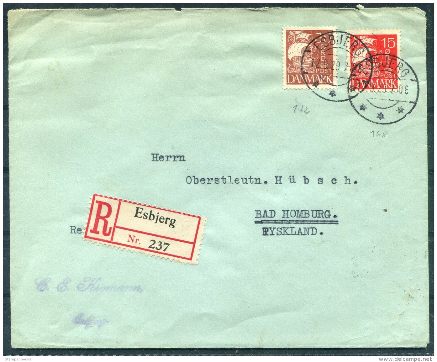 1929 Denmark Esbjerg 35 Ore + 15 Ore Registered J.P.H.V. Aeltester Fachverein Cover - Bad Homberg, Germany - Covers & Documents