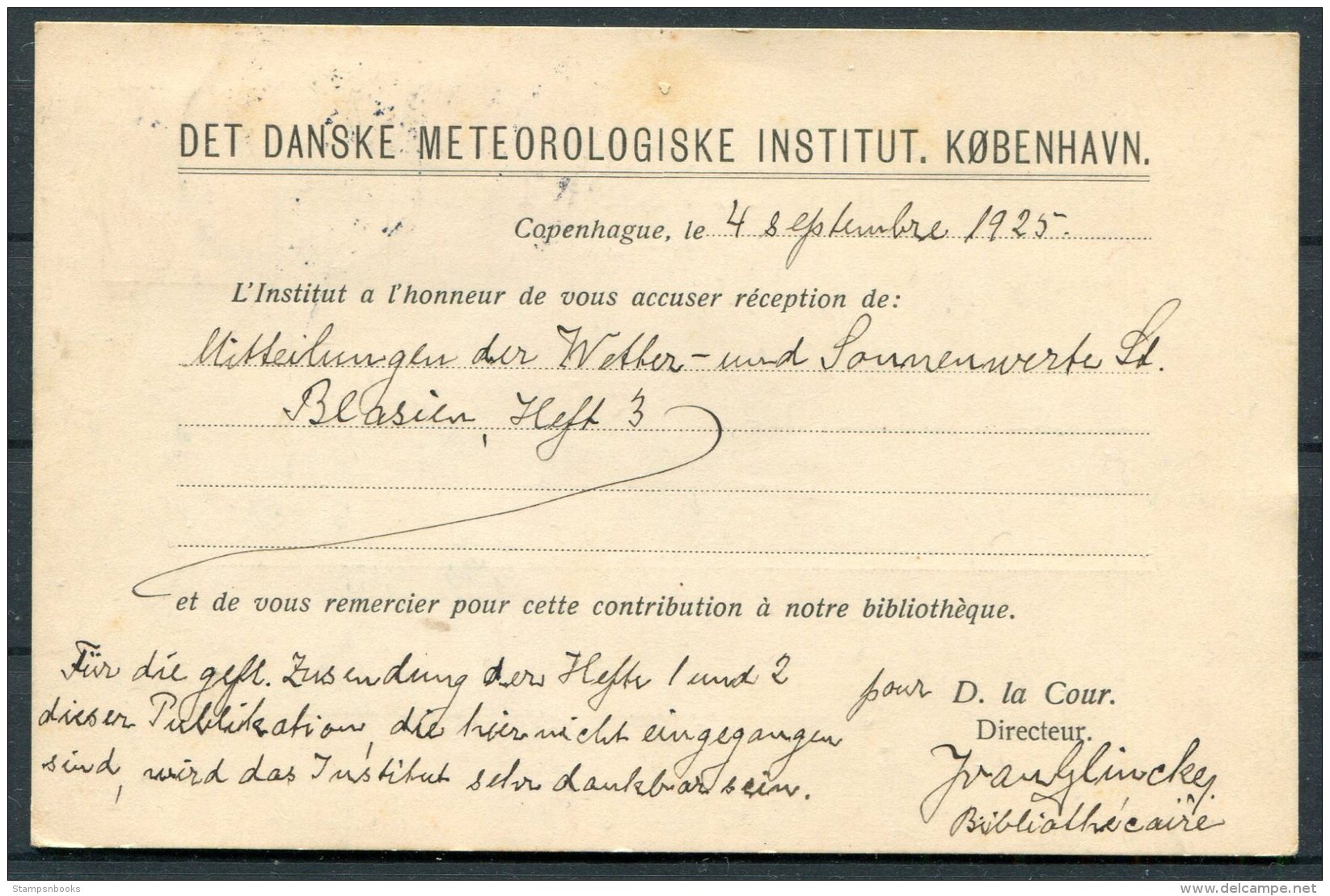 1925 Denmark Copenhagen, Danske Meteorlogiske Institut Postcard - Covers & Documents