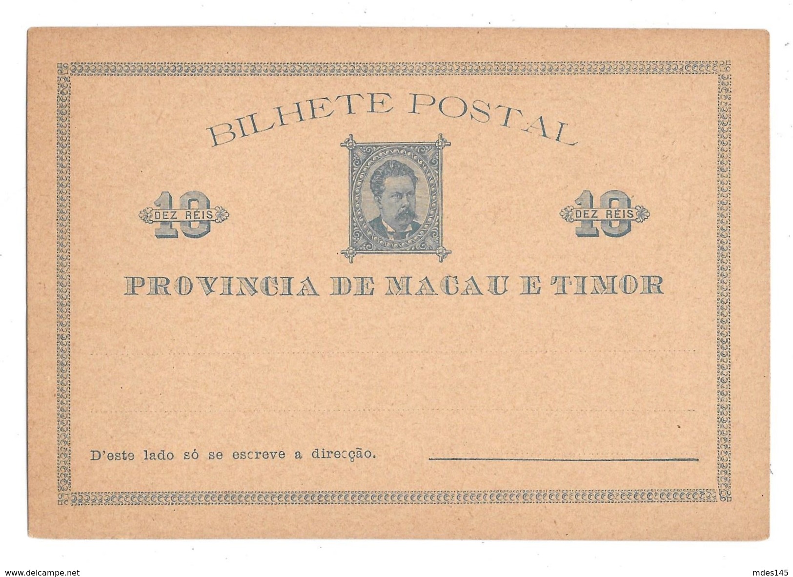 Macau Timor Macao Postal Stationery Card 10 Reis 1885 Unused - Storia Postale
