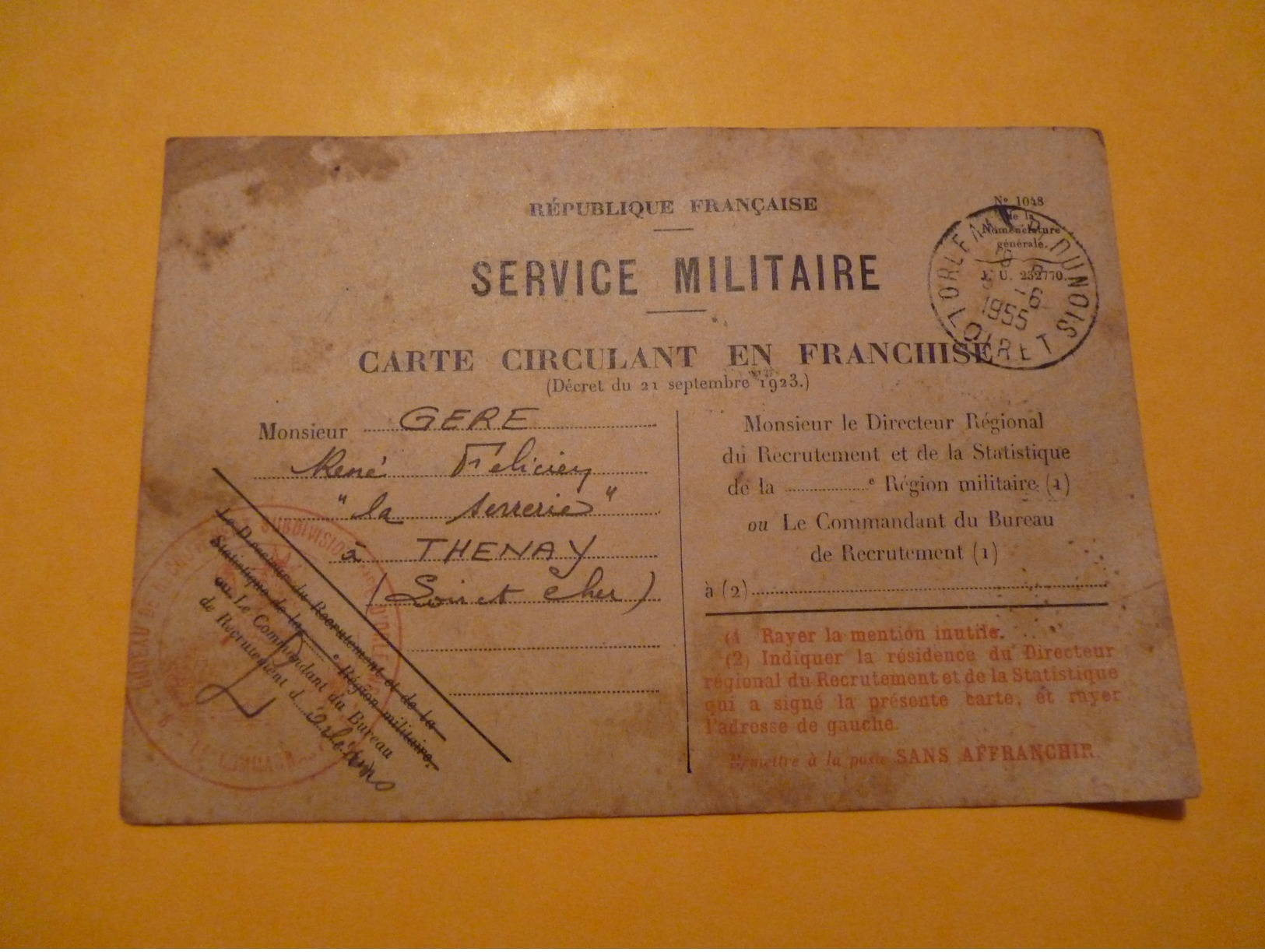 SERVICE MILITAIRE. Carte Circulant  En Franchise.> Ref :4/10 Classe 1951 >2 ème Régiment De Hussards 111 - Documents