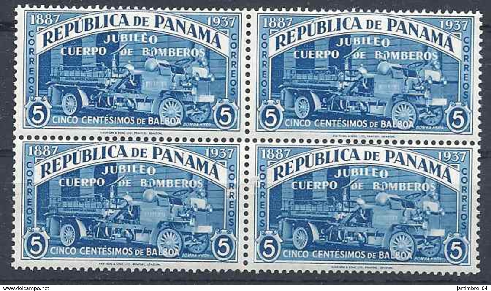 1937 PANAMA 203** Corps Des Pompiers, Auto-pompe, Bloc De 4, Issu De Série - Panama
