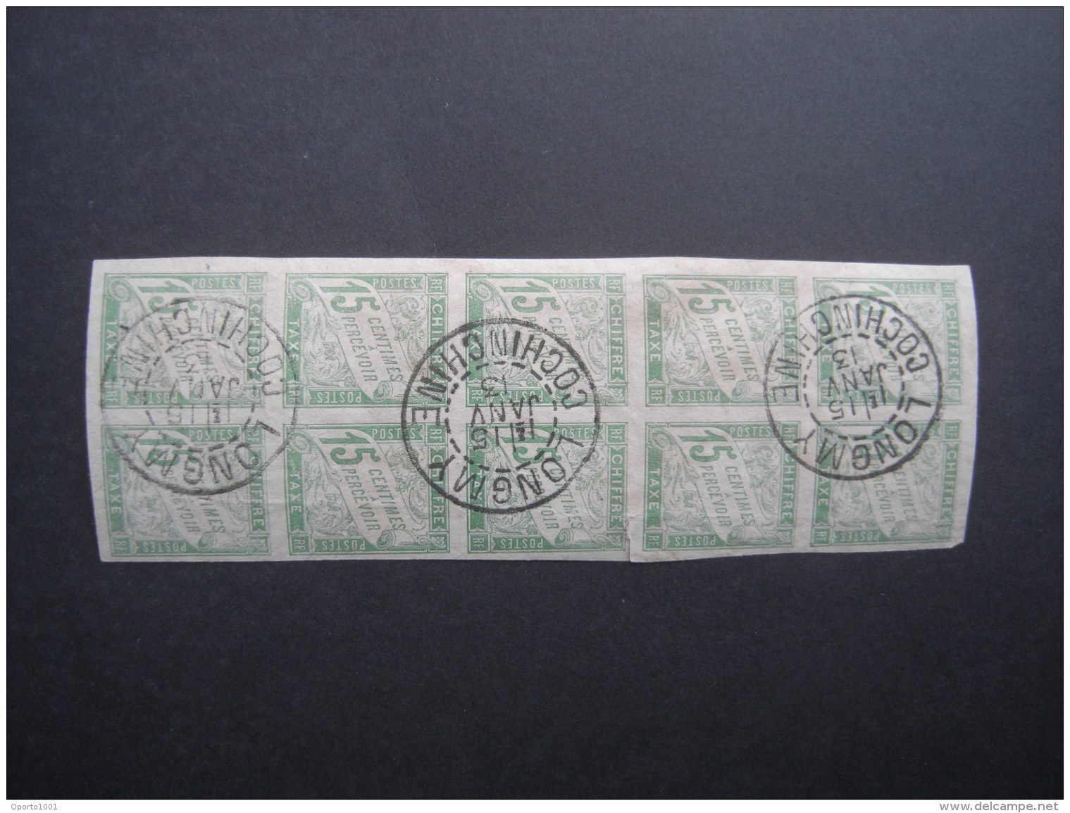 COLONIES GENERAL POSTAGE DUE: 15c Imperf BLOCK OF 10, With 'LONGMY 14/15  Janv 13 Cochinchine' Cds. - Used Stamps