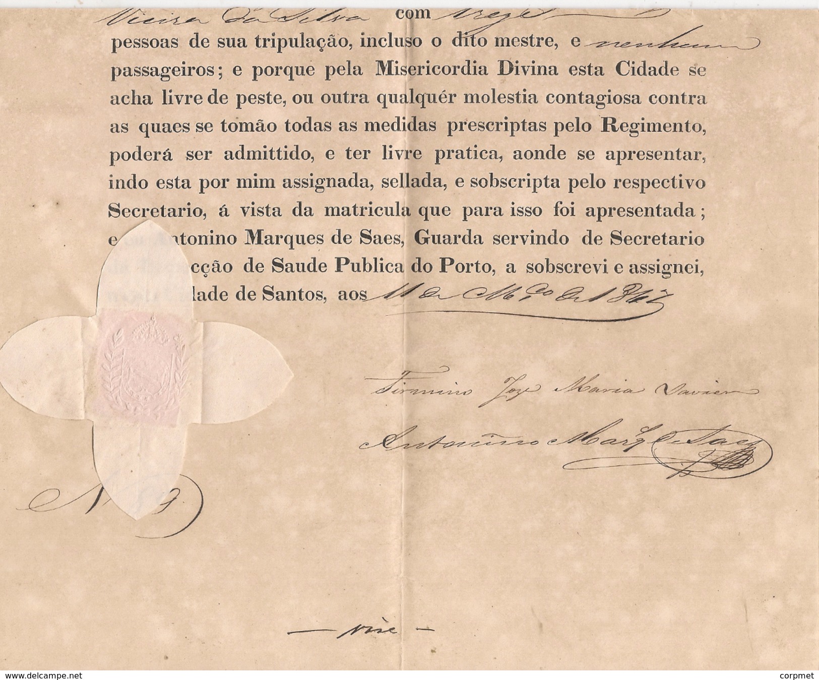 BRAZIL - BRASIL 1847 CARTA DE SAUDE - BILL OF HEALTH  Do Porto De SANTOS -  Ship Em Viagem A  MONTEVIDEO - Very Rare !!! - Documentos Históricos