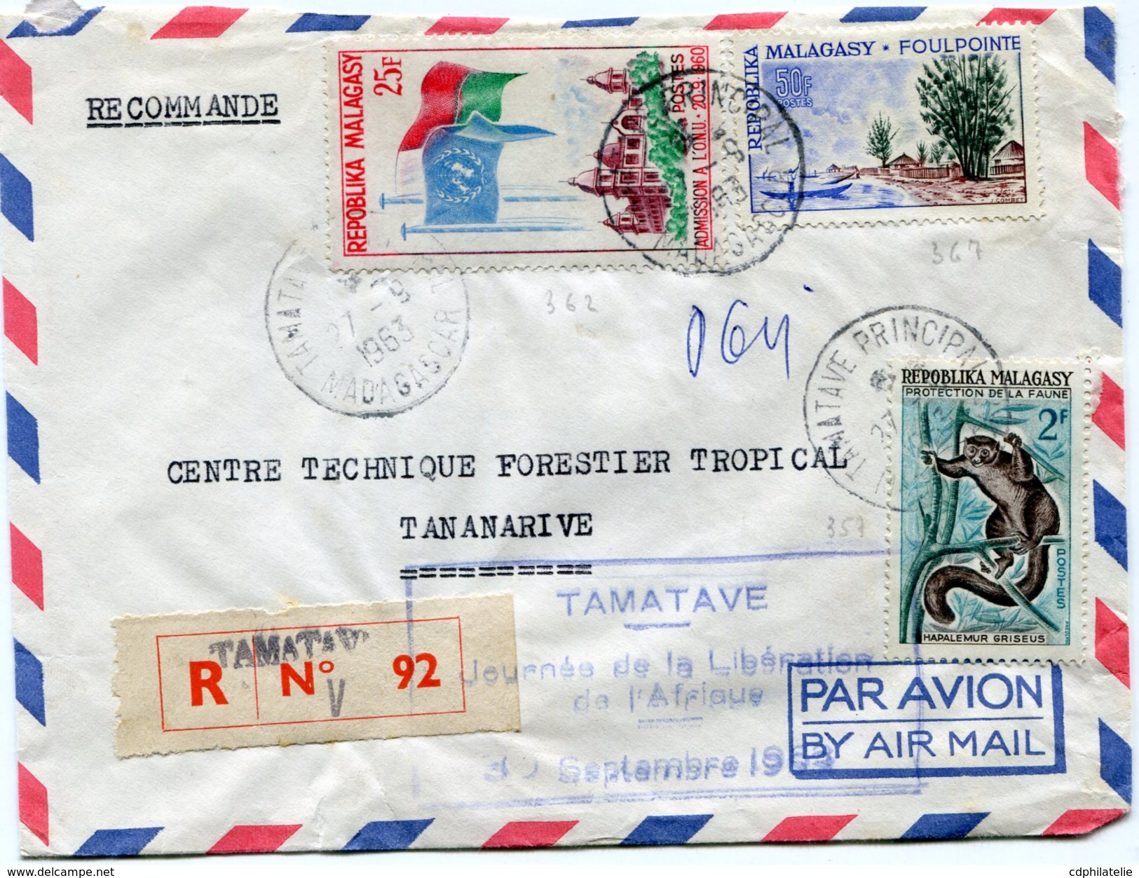 MADAGASCAR LETTRE RECOMMANDEE PAR AVION DEPART TAMATAVE 27-9-1963 MADAGASCAR POUR LA FRANCE - Madagascar (1960-...)