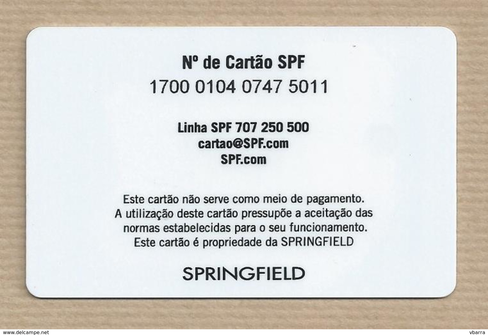 Tarjeta De Springfield Cadena Española De Tiendas De Moda Fashion Store Card Carte D'achats Mode Cartão Loja Moda - Otros & Sin Clasificación