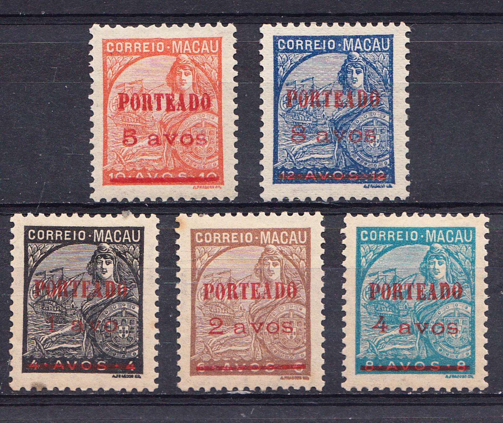 MACAU 1949. PORTEADO. TIPO "PADRÖES" COM SOBRECARGA  CATALOGO AFINSA Nº 44/48. NUEVOS  COM CHARNEIRA    .SES511GRANDE - Unused Stamps