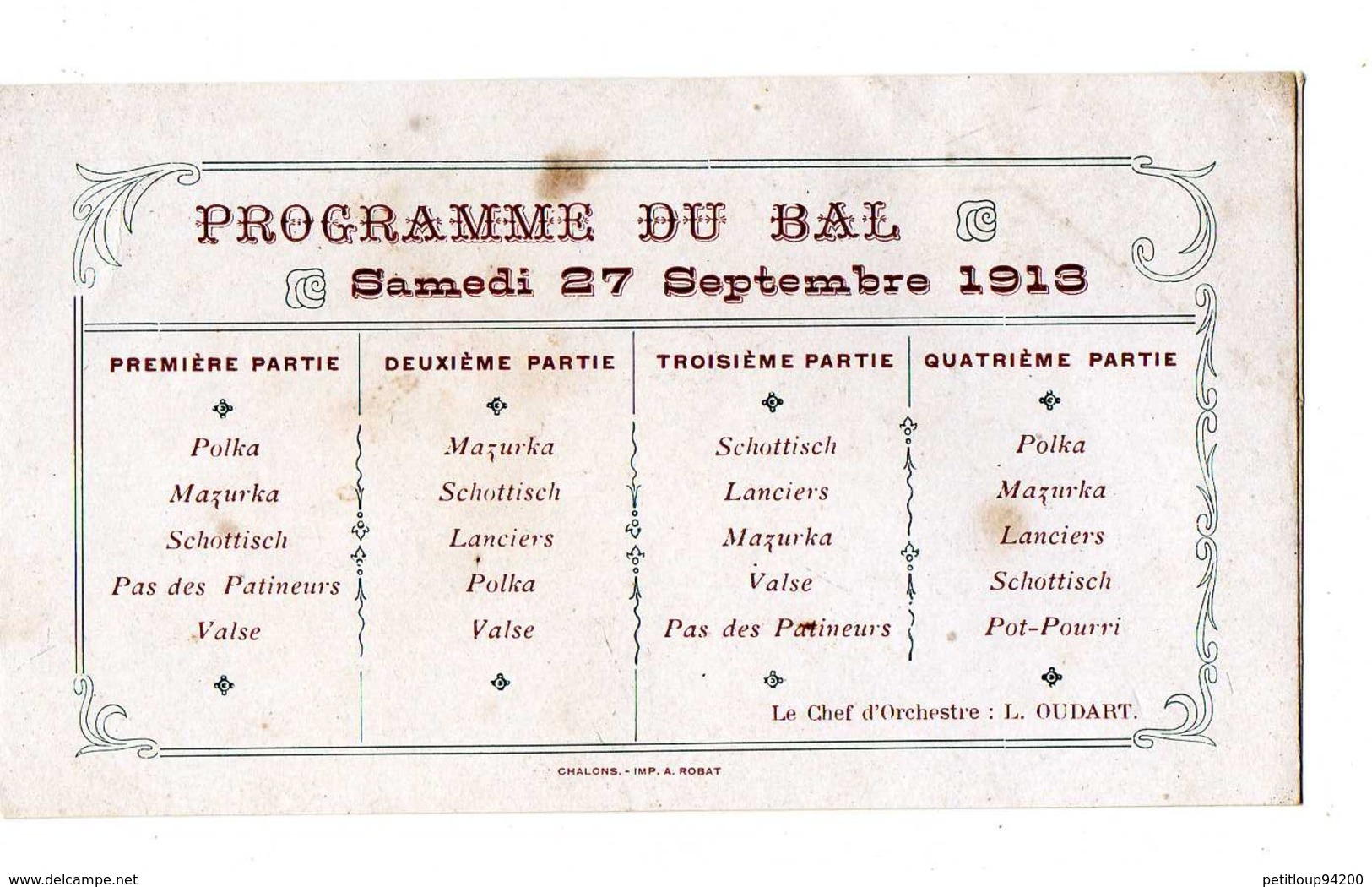 FAIRE-PART SOIREE DANSANTE BAL  DES CONSCRITS  Ville De Chalons-sur-Marne  CLASSE 1913 - Autres & Non Classés