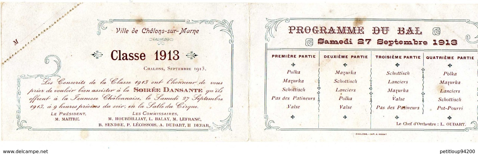 FAIRE-PART SOIREE DANSANTE BAL  DES CONSCRITS  Ville De Chalons-sur-Marne  CLASSE 1913 - Autres & Non Classés