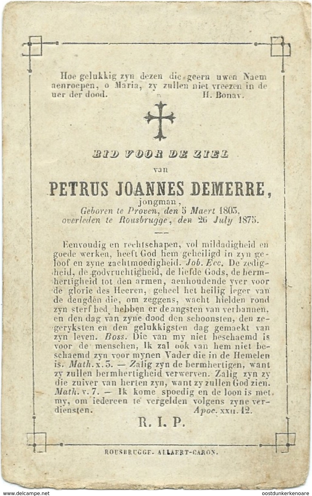 Doodsprentje: DEMERRE Petrus Joannes: ° Proven, 1803, + Roesbrugge, 1875. Jongman - Religion & Esotérisme