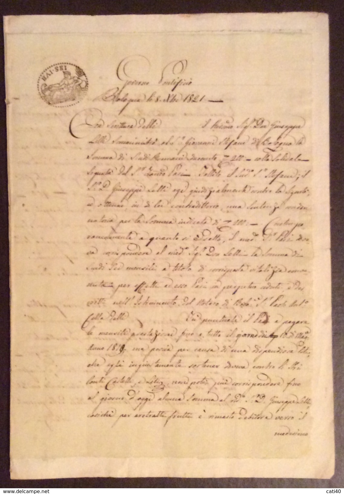 GOVERNO PONTIFICIO BOLOGNA MANOSCRITTO IN BOLLO  PRIVATA SCRITTURA TRA GIUSEPPE LELLI E FRANCESCO PASI IL 18/12/1821 - Manoscritti