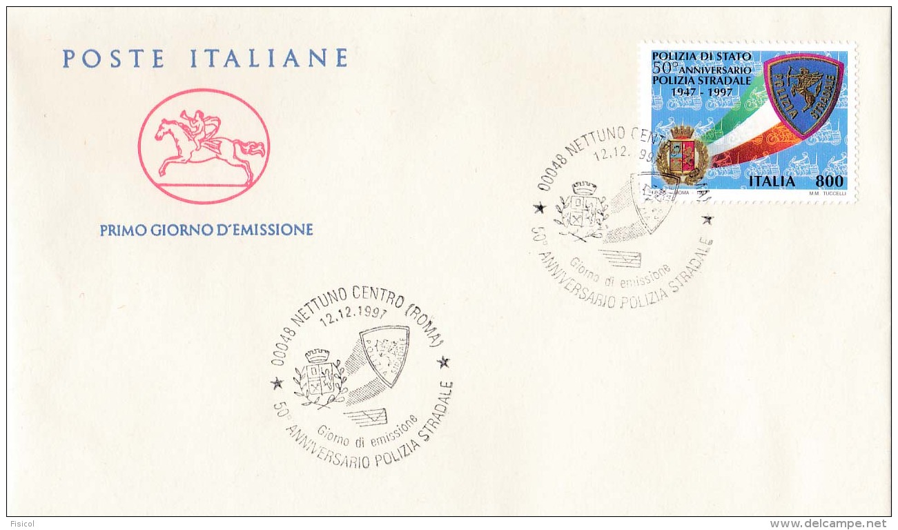 1997 ITALIA - 12 POLIZIA STRADALE - FDC CAVALLINO - ANNULLO NETTUNO CENTRO - FDC