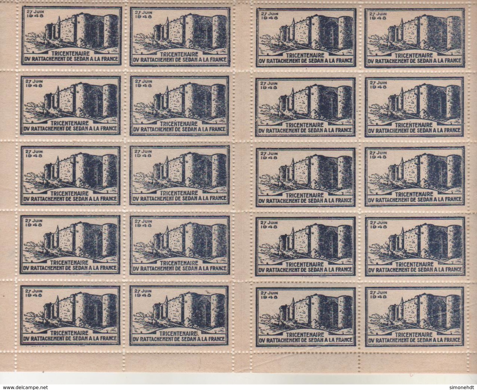 Planche De 20 Vignettes, Timbres - Tricentenaire Du Rattachement De SEDAN à La France - 27 Juin 1948 - Erinnophilie