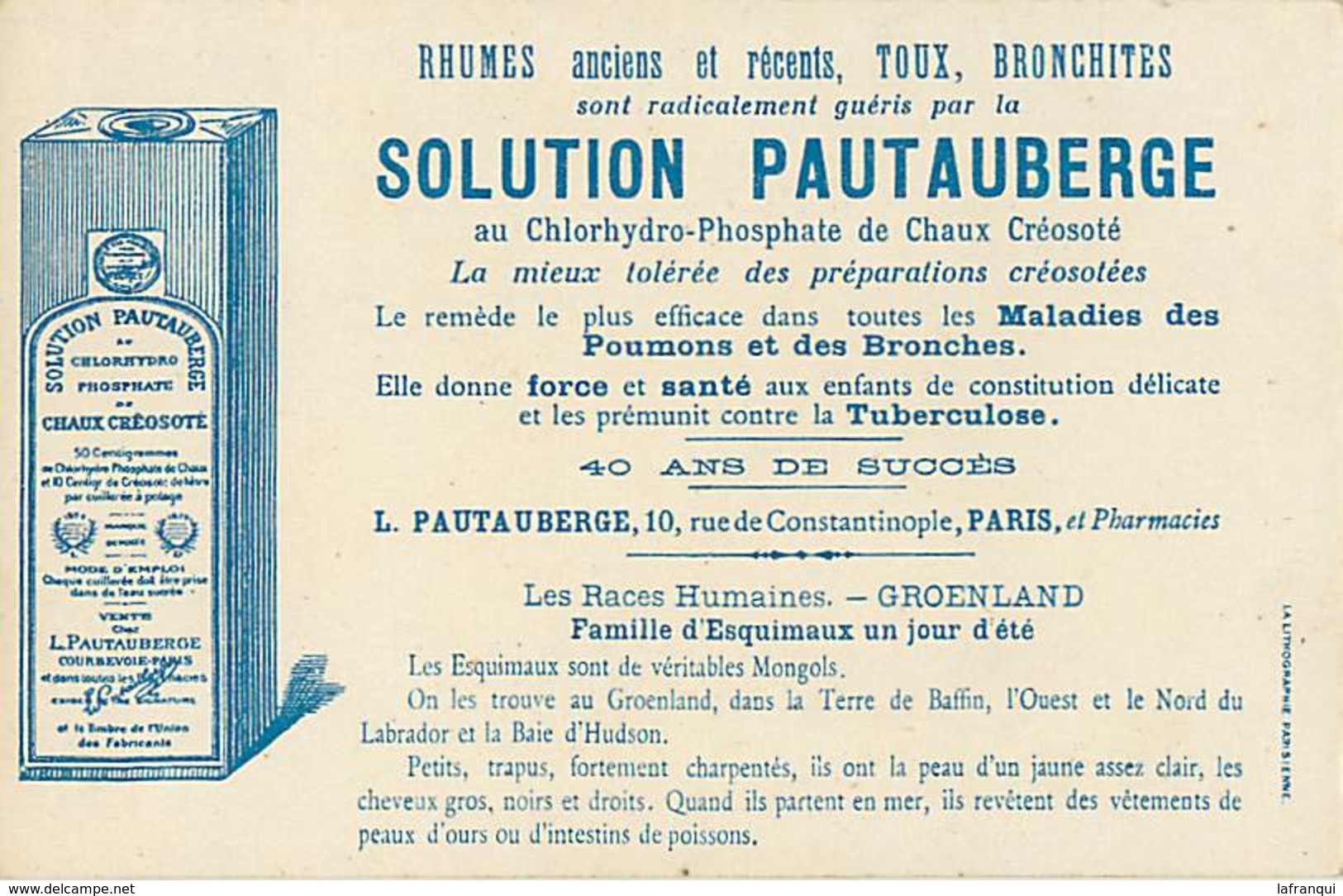 Ref R853- Publicité Santé -solution Pautauberge -dessin Illustrateur -les Races Humaines - Groenland  - Carte Bon Etat - - Greenland